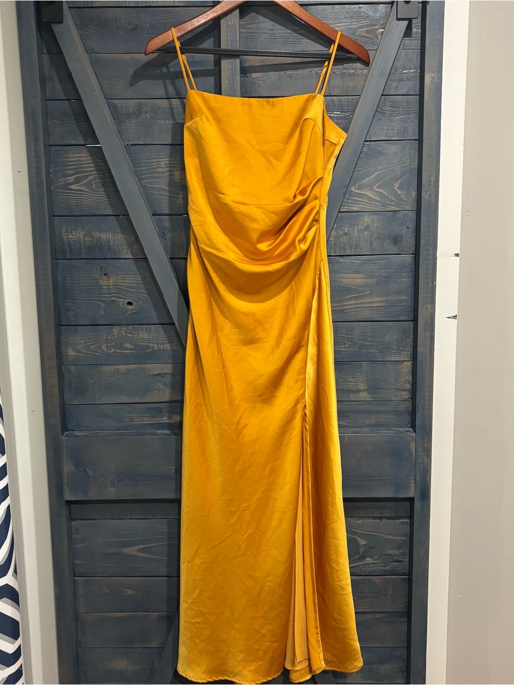 ASTR The Label Elegant Gold/Marigold Satin Slip Dress with Side Draping